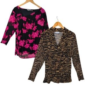 Calvin Klein Lot of 2 Mesh Tops Plus SZ 1X Floral Pink Black Brown Blouse Office